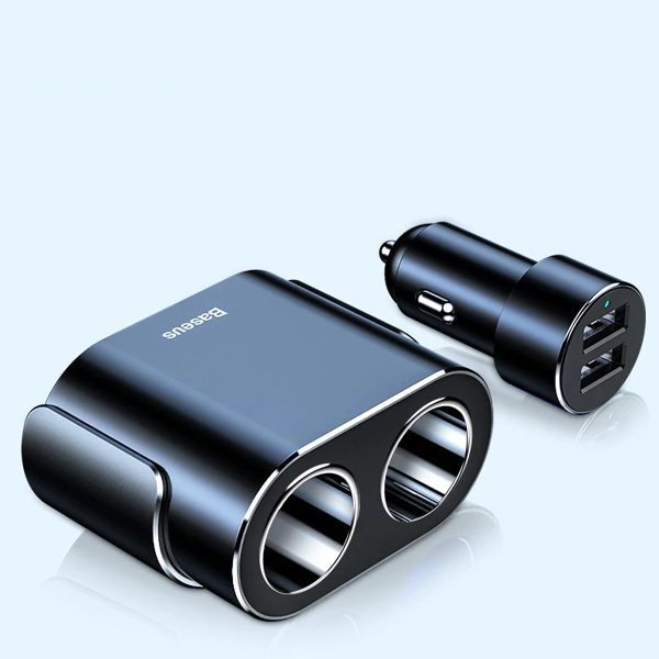 Caricabatterie da auto BASEUS ad alta efficienza con 2 porte USB e 2 prese accendisigari, 80W.