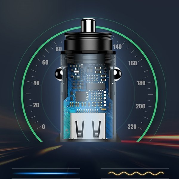 Caricabatterie da auto BASEUS circolare in plastica con porte USB-A e USB-C da 30 W.