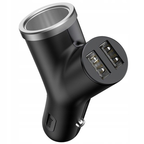 Caricabatterie da auto BASEUS tipo Y con 2 porte USB e presa accendisigari da 40 W.