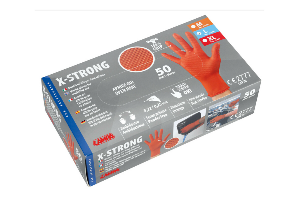 Guanti da officina LAMPA X-Strong L in nitrile, confezione da 50 pezzi.
