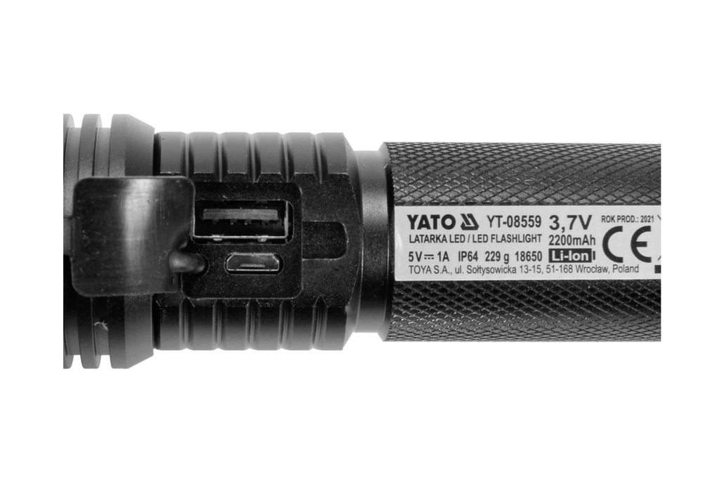 Torcia multifunzione a LED YATO YT-08559 da 900 lm, power bank, apribottiglie, martello di emergenza