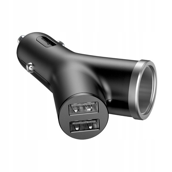 Caricabatterie da auto BASEUS tipo Y con 2 porte USB e presa accendisigari da 40 W.