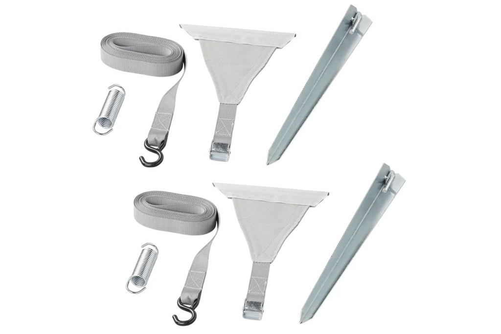 Set di due cinghie antivento ProPlus 361729 fissate a una guida per tendalino da 2x4,8 m.