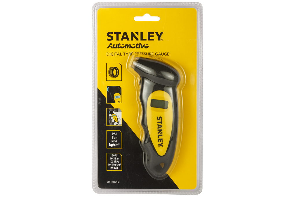 Manometro digitale per pneumatici STANLEY Automotive con intervallo di misurazione da 0 a 6,2 bar.