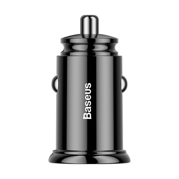 Caricabatterie da auto BASEUS circolare in plastica con porte USB-A e USB-C da 30 W.