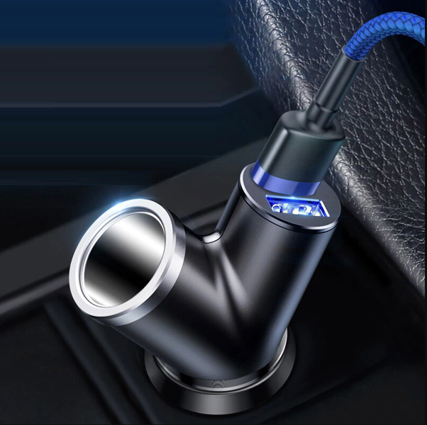 Caricabatterie da auto BASEUS tipo Y con 2 porte USB e presa accendisigari da 40 W.