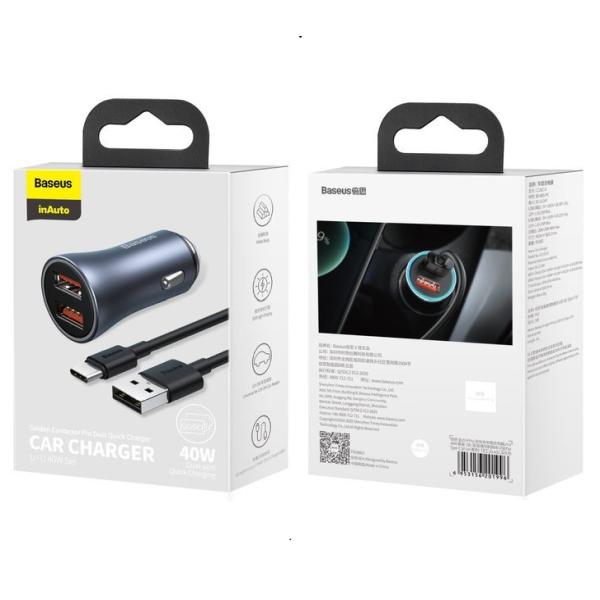 Set caricabatterie da auto BASEUS Golden Pro 2xUSB da 40W + cavo USB