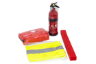 Kit auto HERMON: kit di pronto soccorso, estintore, triangolo, giubbotto