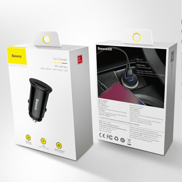 Caricabatterie da auto BASEUS circolare in plastica con porte USB-A e USB-C da 30 W.