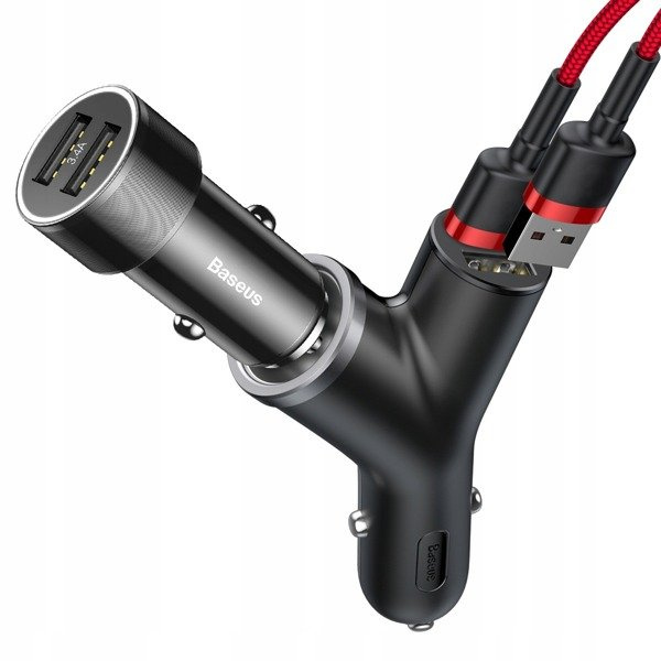 Caricabatterie da auto BASEUS tipo Y con 2 porte USB e presa accendisigari da 40 W.