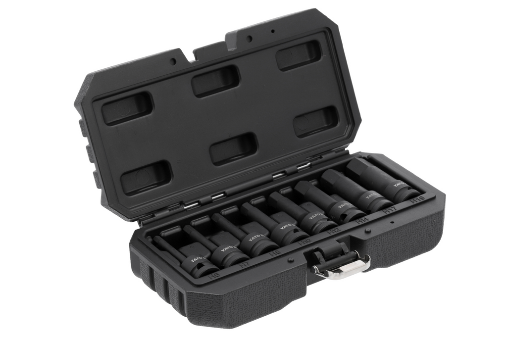 Set di 8 bussole esagonali per chiavi a percussione YATO YT-1066, misure 6-19 mm.