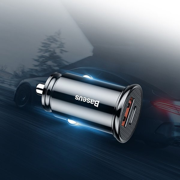 Caricabatterie da auto BASEUS circolare in plastica con porte USB-A e USB-C da 30 W.