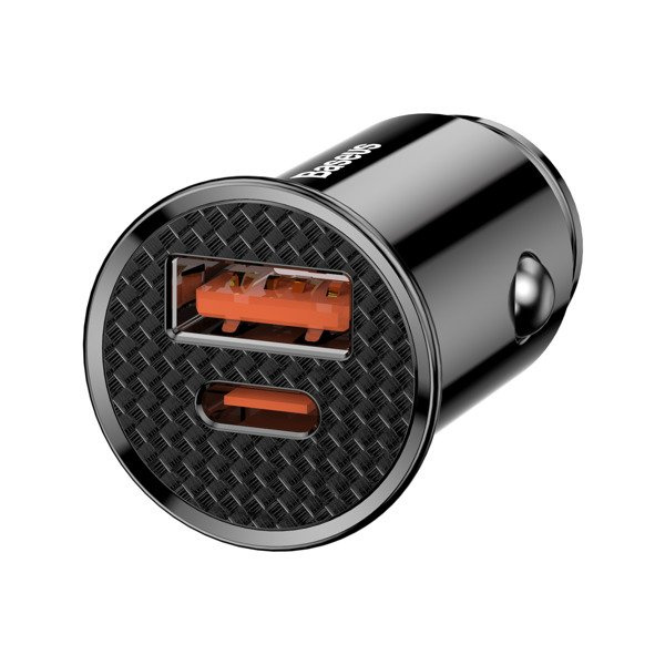 Caricabatterie da auto BASEUS circolare in plastica con porte USB-A e USB-C da 30 W.