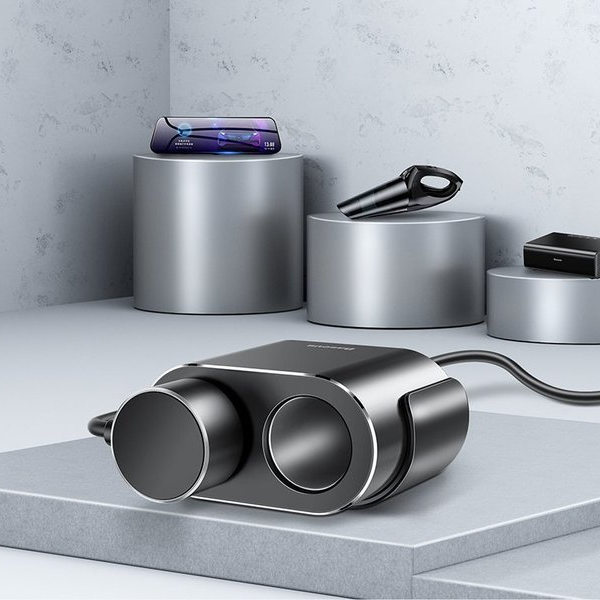Caricabatterie da auto BASEUS ad alta efficienza con 2 porte USB e 2 prese accendisigari, 80W.