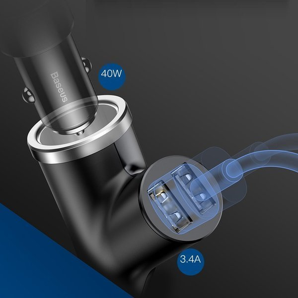 Caricabatterie da auto BASEUS tipo Y con 2 porte USB e presa accendisigari da 40 W.