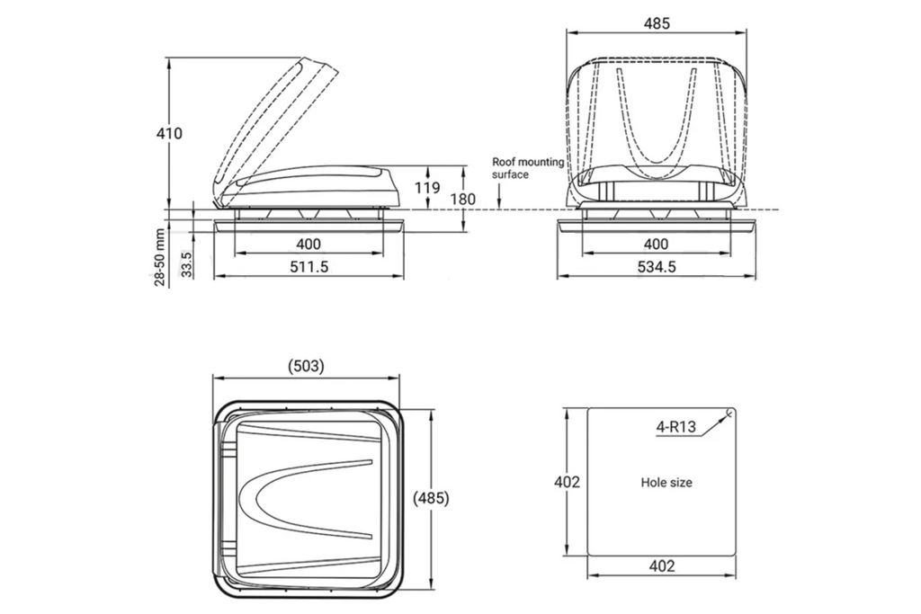 ProPlus 610905V01 Finestra di ventilazione per tetto camper con illuminazione a LED 400x400mm