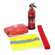 Kit auto HERMON: kit di pronto soccorso, estintore, triangolo, giubbotto