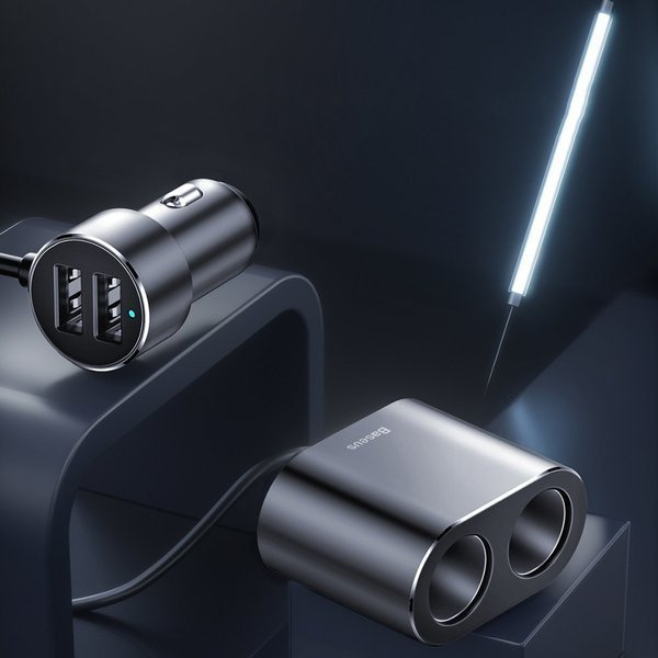 Caricabatterie da auto BASEUS ad alta efficienza con 2 porte USB e 2 prese accendisigari, 80W.
