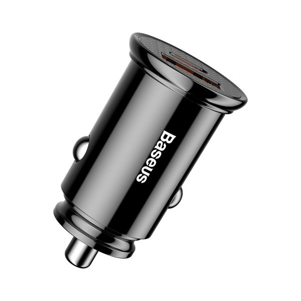Caricabatterie da auto BASEUS circolare in plastica con porte USB-A e USB-C da 30 W.