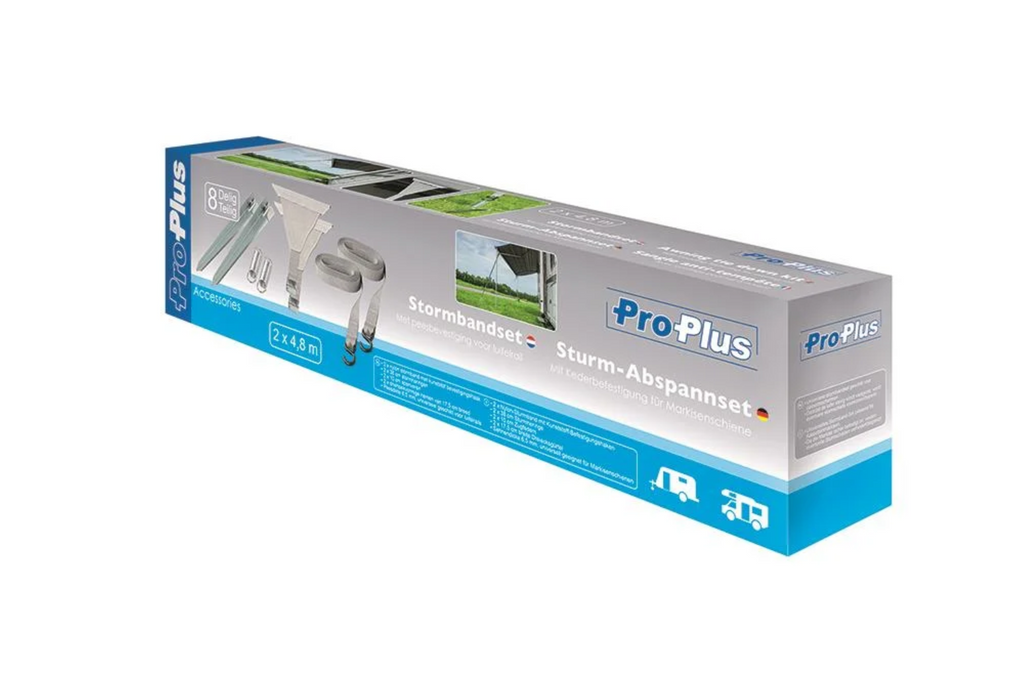 Set di due cinghie antivento ProPlus 361729 fissate a una guida per tendalino da 2x4,8 m.