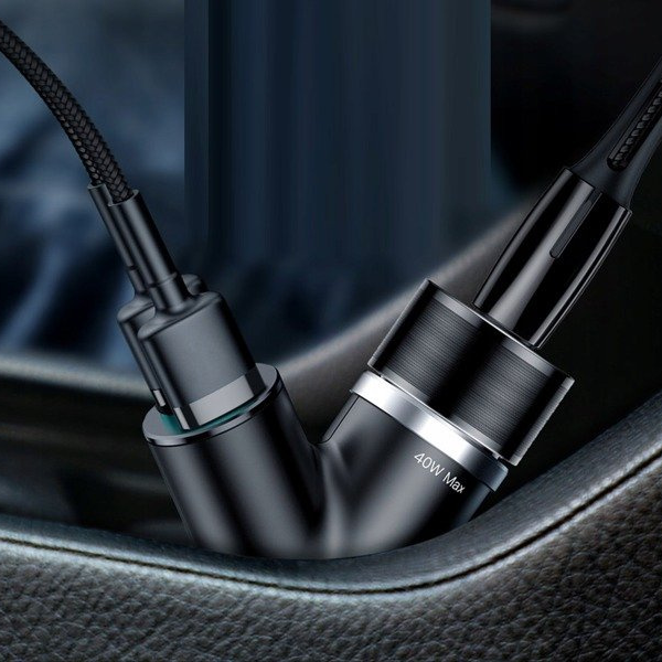 Caricabatterie da auto BASEUS tipo Y con 2 porte USB e presa accendisigari da 40 W.