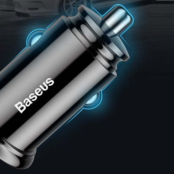 Caricabatterie da auto BASEUS circolare in plastica con porte USB-A e USB-C da 30 W.