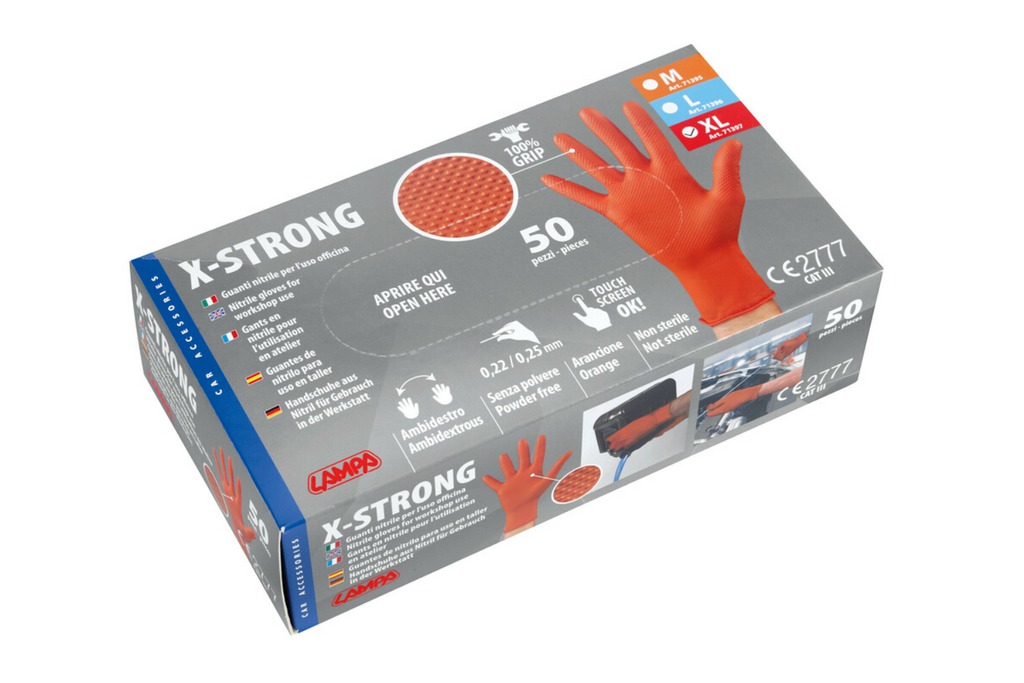Guanti da officina LAMPA X-Strong XL in nitrile, confezione da 50 pezzi.
