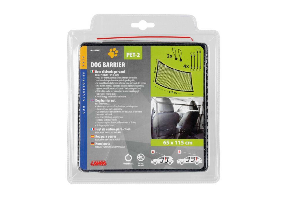 Divisorio per cani LAMPA PET-2, barriera in rete da fissare ai sedili anteriori, 115x65 cm