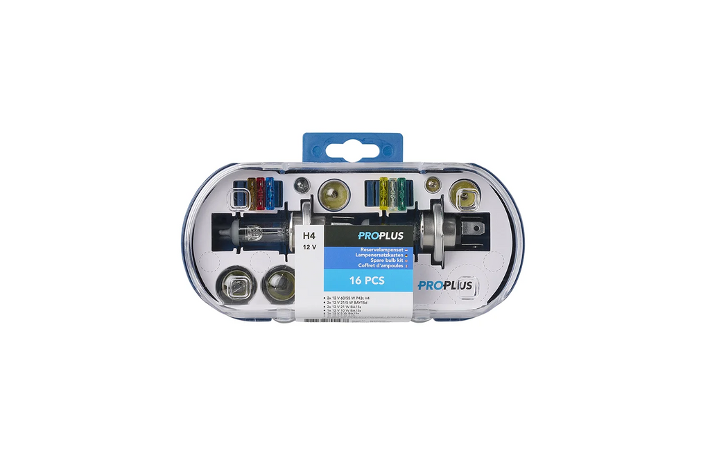Kit di lampadine H4 per camper e auto ProPlus 410134, set di ricambio da 16 pezzi.