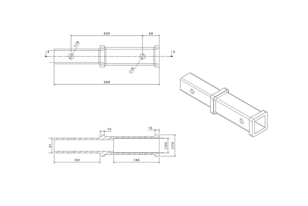 Prolunga per gancio di traino 2" XIMPLIO 205mm 51x51mm