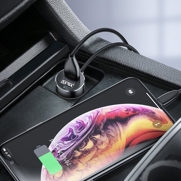 Caricabatterie da auto BASEUS ad alta efficienza con 2 porte USB e 2 prese accendisigari, 80W.