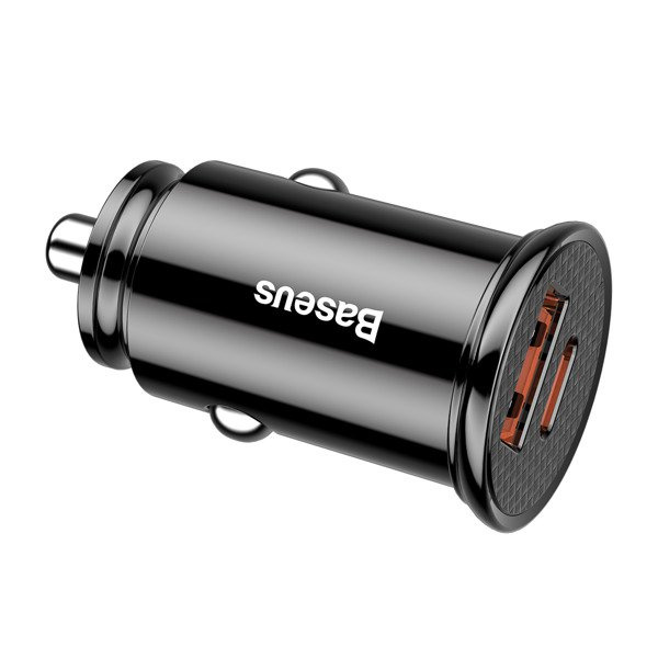 Caricabatterie da auto BASEUS circolare in plastica con porte USB-A e USB-C da 30 W.
