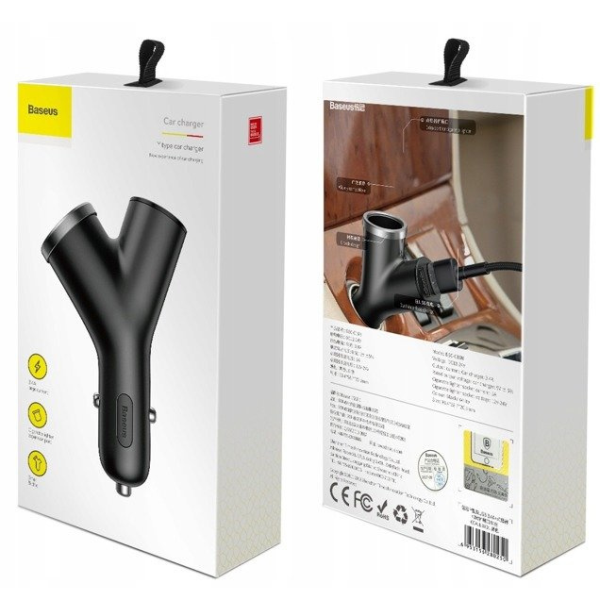 Caricabatterie da auto BASEUS tipo Y con 2 porte USB e presa accendisigari da 40 W.