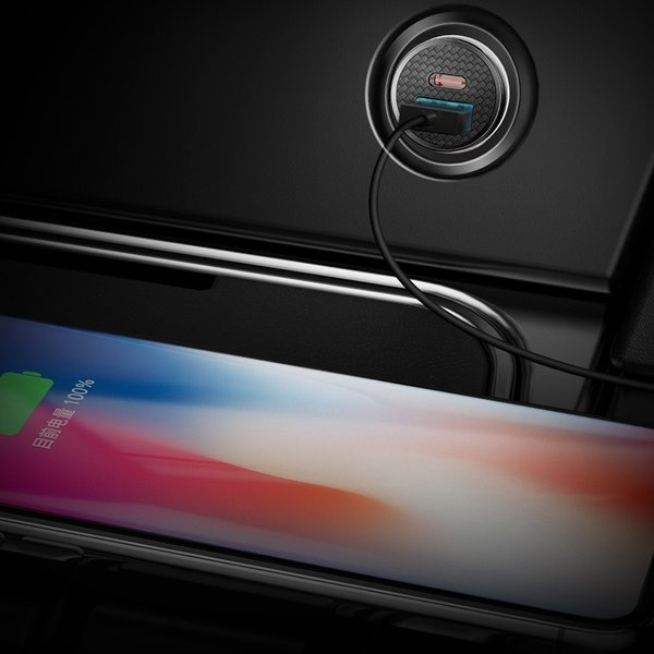 Caricabatterie da auto BASEUS circolare in plastica con porte USB-A e USB-C da 30 W.