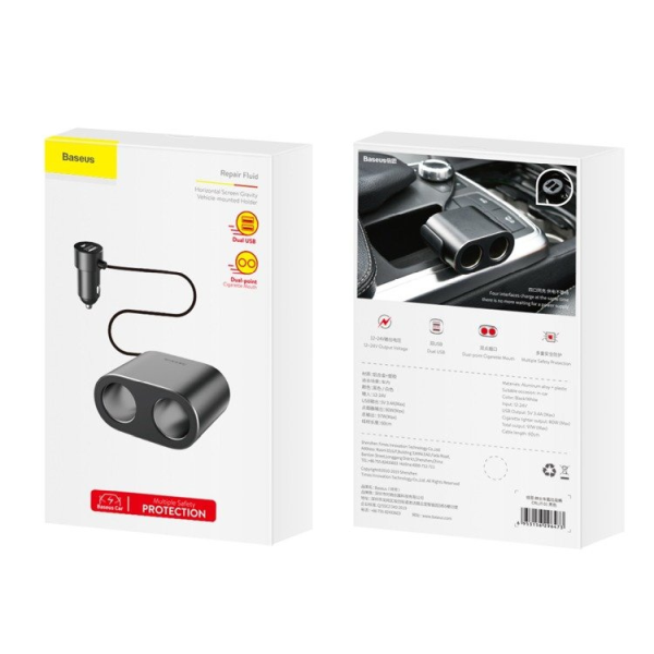 Caricabatterie da auto BASEUS ad alta efficienza con 2 porte USB e 2 prese accendisigari, 80W.